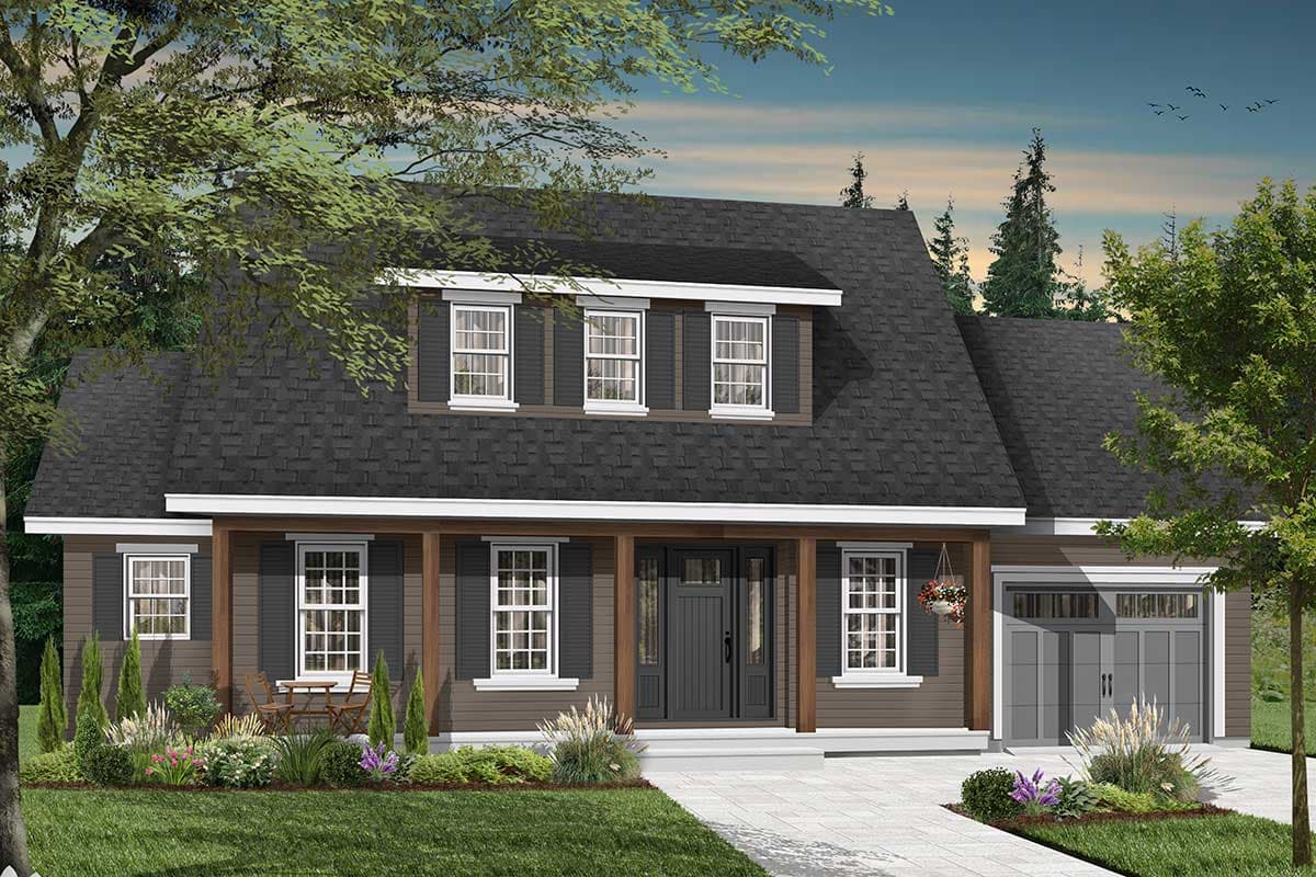 House plan exterior: A two-story home with a covered front porch, three dormer windows, and a two-car garage.