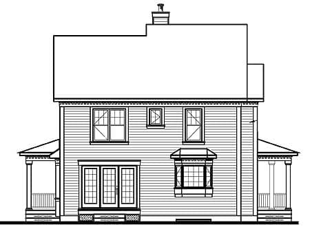 House plan exterior drawing of a two-story home with a bay window, double doors, and front porches.