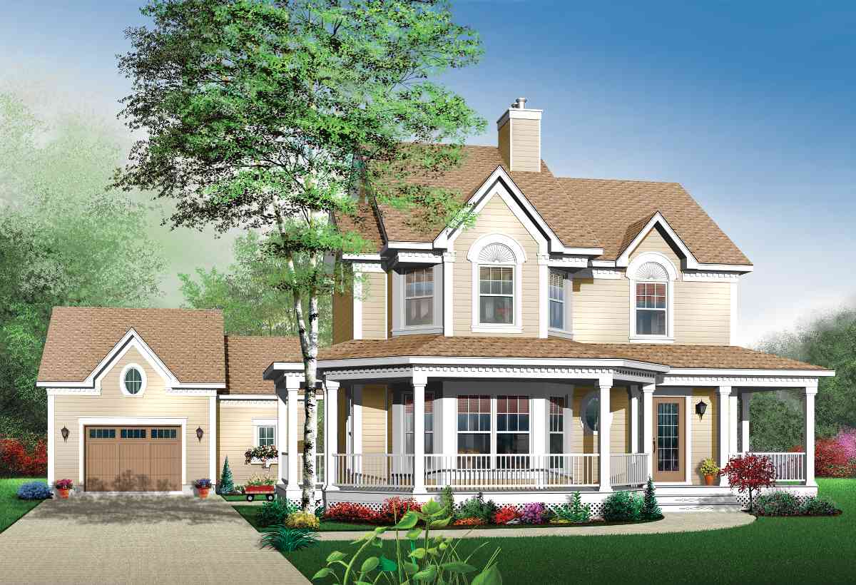 House plan exterior: Two-story house with wrap-around porch, bay windows, dormers, and attached two-car garage.