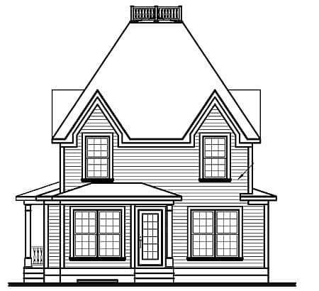 House plan exterior: two-story home with a prominent hipped roof, front porch, and multiple gables.