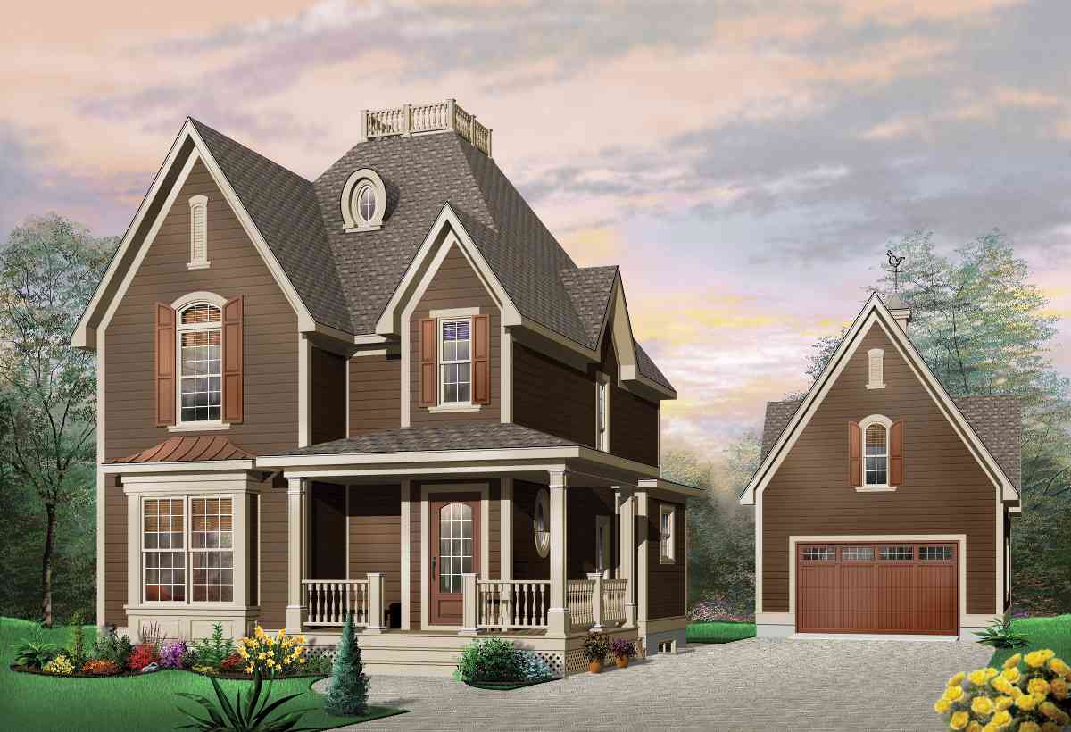 House plan exterior: two-story home with wrap-around porch, bay window, dormers, and detached garage.