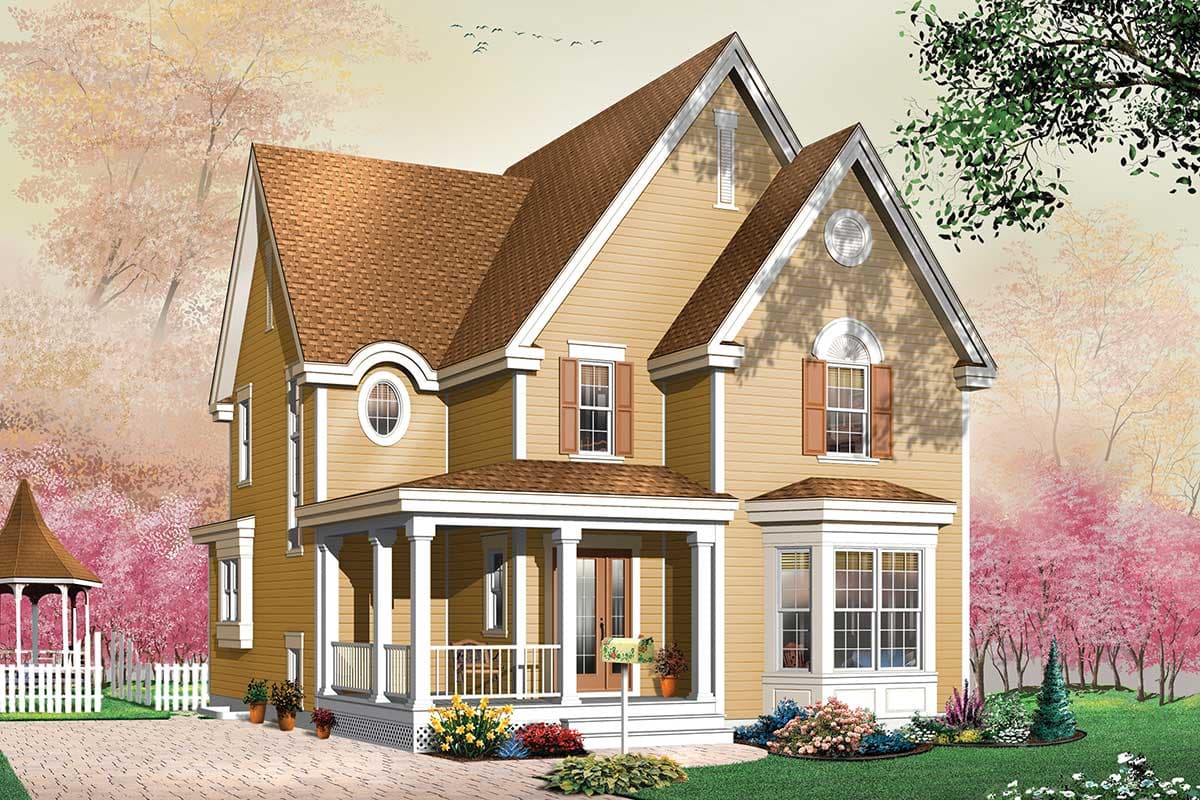 House plan exterior featuring a two-story dwelling with a wrap-around porch, bay window, and prominent gables.