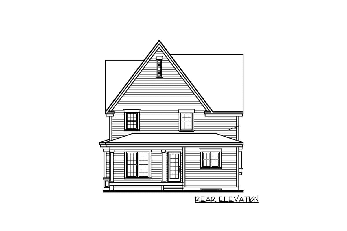 Rear elevation house plan showing a two-story home with a gable roof, dormer window, and wrap-around porch.