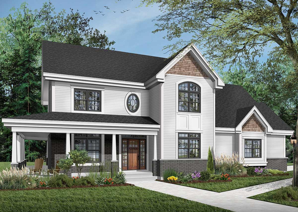 House plan exterior: Two-story home with wrap-around porch, arched window, and circular accent window.