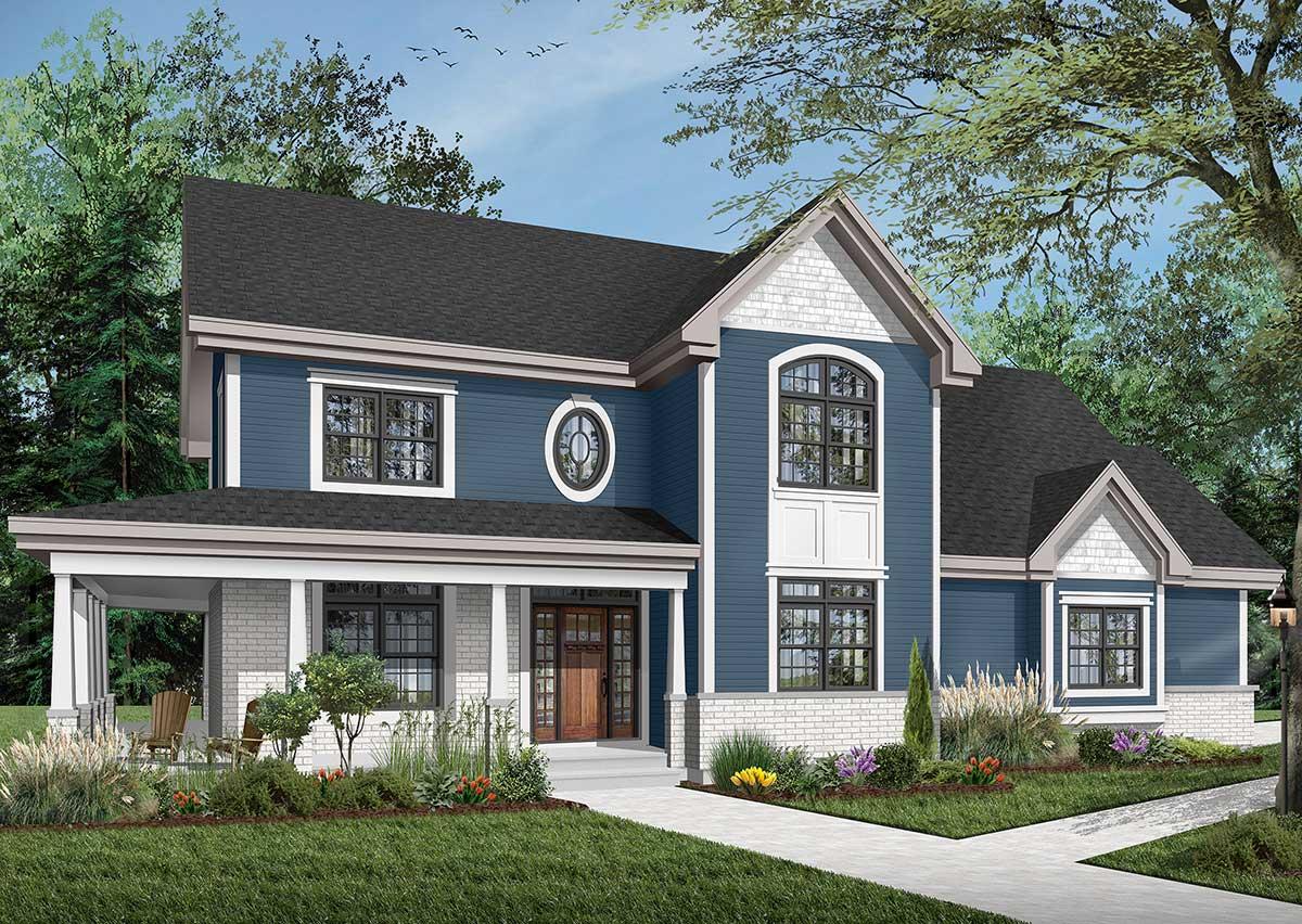 Two-story house plan exterior with a wraparound porch, blue siding, white brick base, and prominent gables with shingle accents.