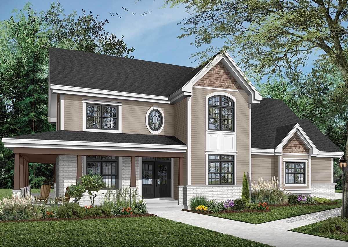 House plan exterior: Two-story home with a covered front porch, arched windows, gables with cedar shingles, and a circular window.