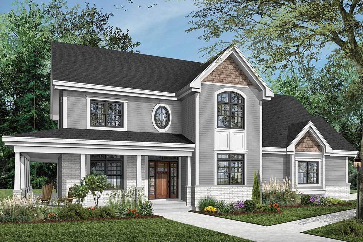House plan exterior: Two-story Modern Farmhouse with wraparound porch, gabled dormers, and circular accent window.