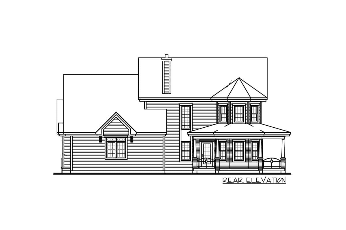 Rear elevation drawing of a two-story house plan with a prominent gabled dormer, a covered front porch, and multiple pane windows.