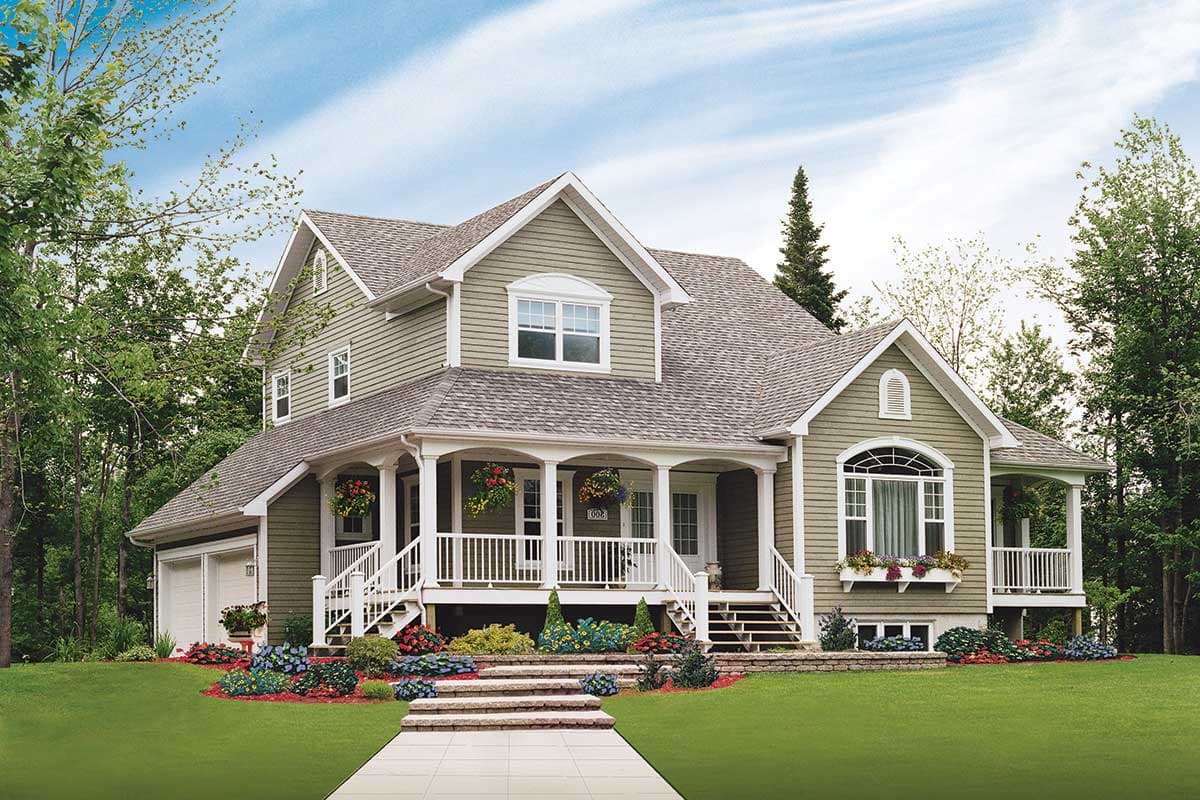House plan exterior featuring a two-story home with a prominent wraparound porch, gabled dormers, and a side-entry garage.