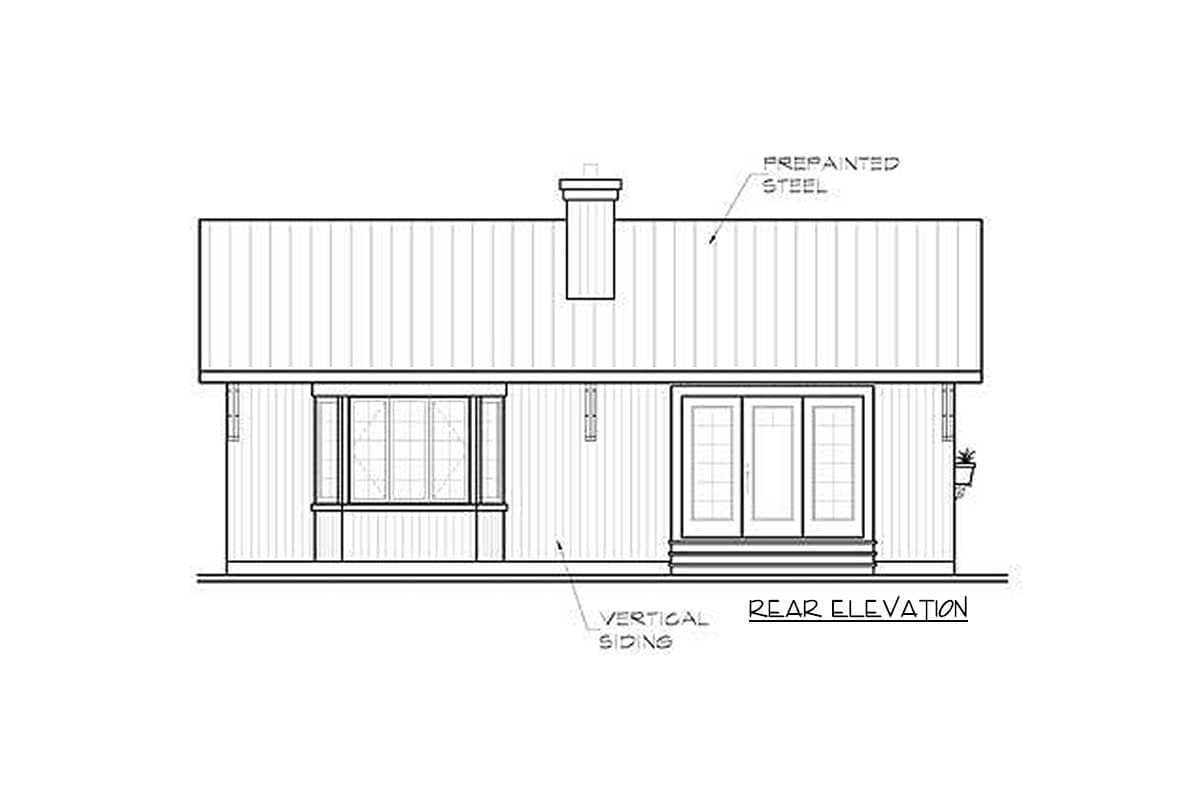 Rear elevation of a house plan featuring vertical siding, a bay window, double doors, and a metal roof.
