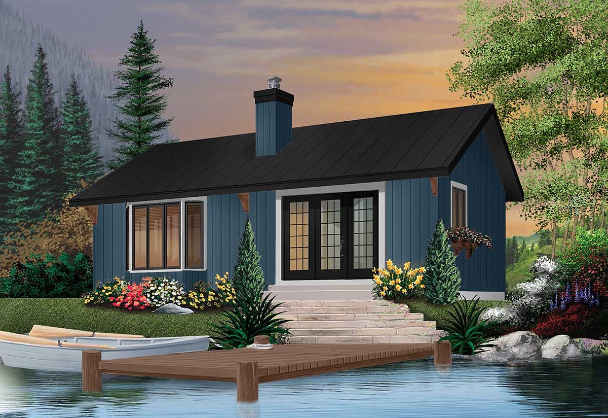 Exterior house plan: single-story blue siding with black metal roof, prominent chimney, and double French doors opening to stone steps.