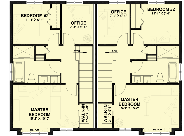 Plan 21422DR: Duplex House Plan with Matching Units Under 1,200 Square Feet - Floor Plan - 2nd Floor