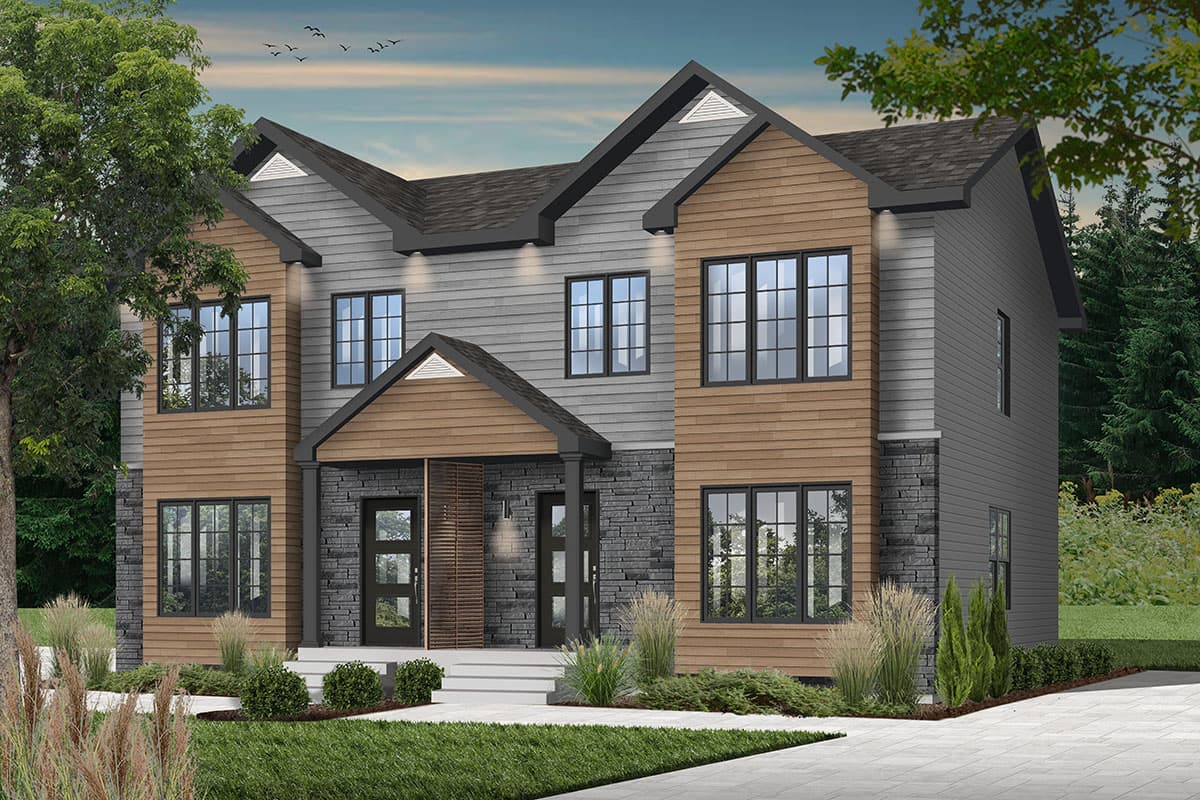 Modern two-story house plan exterior with stone and wood siding, multiple gables, and a covered entryway with glass doors.