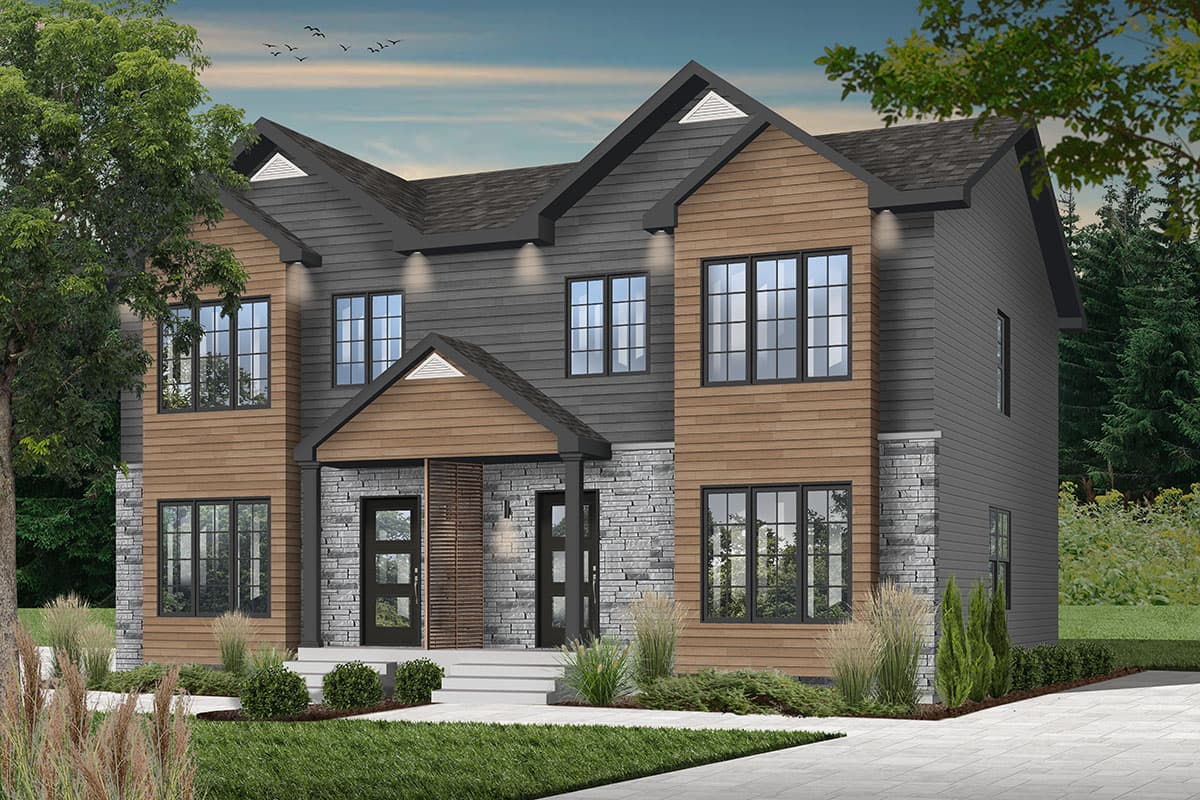 House plan exterior for a two-story modern home featuring mixed materials, a covered entryway with stone and wood accents, and multiple gables.