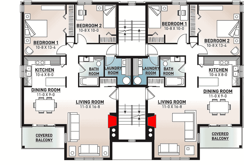 Plan 21425DR: 8-Unit Apartment Complex with Balconies - Floor Plan - Second Level - 2 Units Per Floor - Contemporary, Northwest