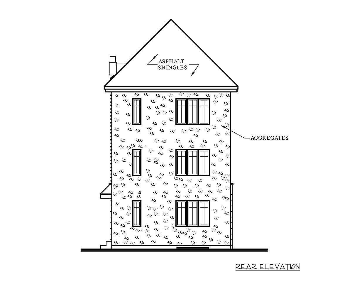 Rear elevation drawing of a three-story house plan with asphalt shingles on the roof and aggregate siding.