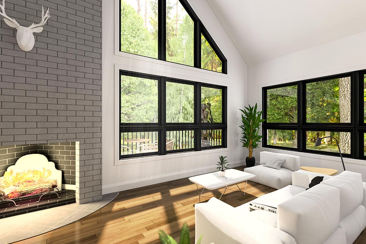 Interior rendering of a living room with a brick fireplace, vaulted ceiling, and large black-framed windows overlooking trees.