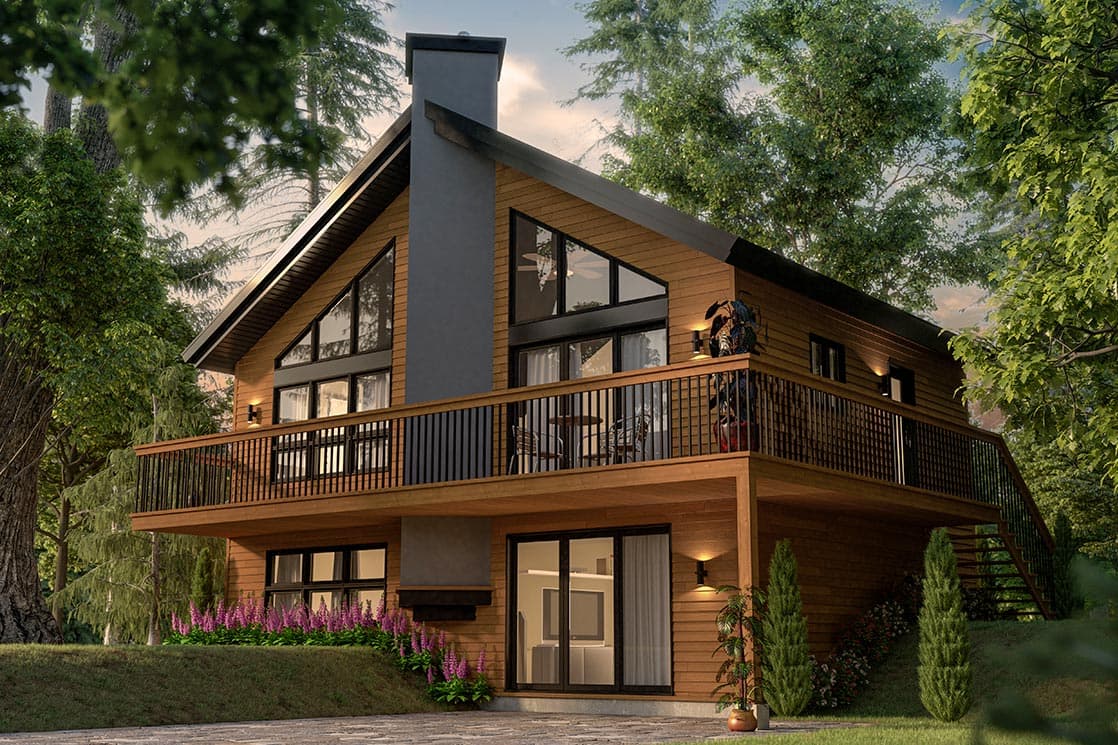 House plan exterior. Two-story Modern house with a gabled roof, a balcony, and large windows. Features a prominent chimney and wood siding.