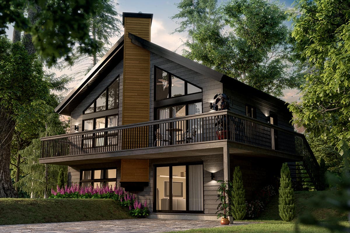 Modern house plan exterior with two stories, large wrap-around deck, and tall triangular windows.
