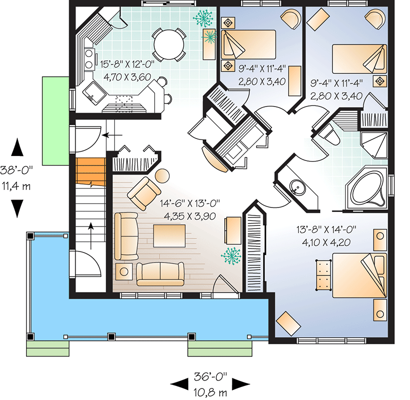 Plan 21431DR: Duplex House Plan with Two Full-Floor Units - 1168 and 1258 Sq Ft Units - Floor Plan - Main Level
