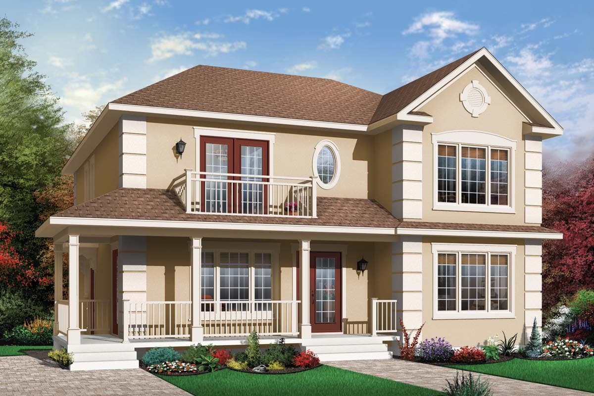 House plan exterior: Two-story home with a wrap-around porch, second-story balcony, oval dormer window, and gabled dormer.