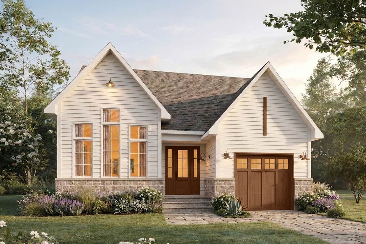 House plan exterior: A-frame gables, arched window, and attached garage with side entry.