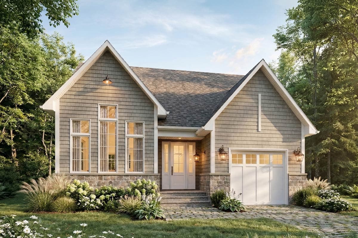 House plan exterior: Two-story Modern Farmhouse with stone accents, gabled dormers, large windows, and a side-entry garage.