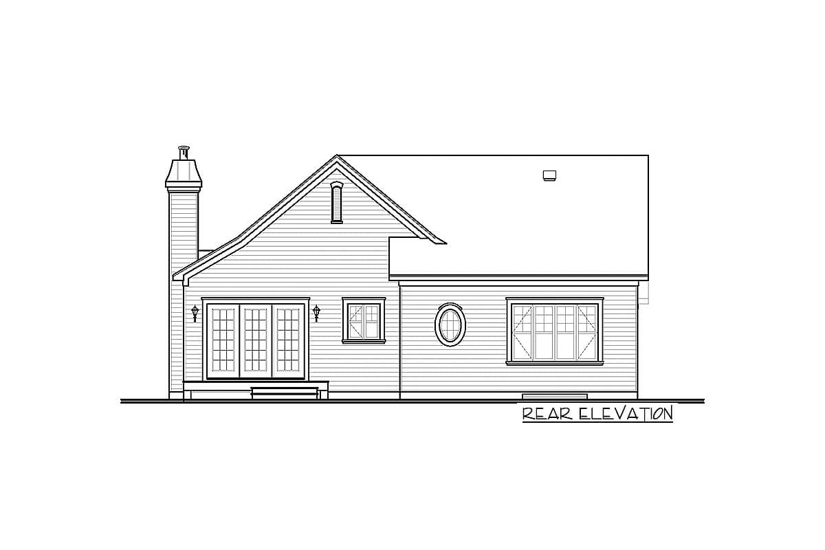 Rear elevation house plan with double doors, a large window, a circular window, and a chimney.