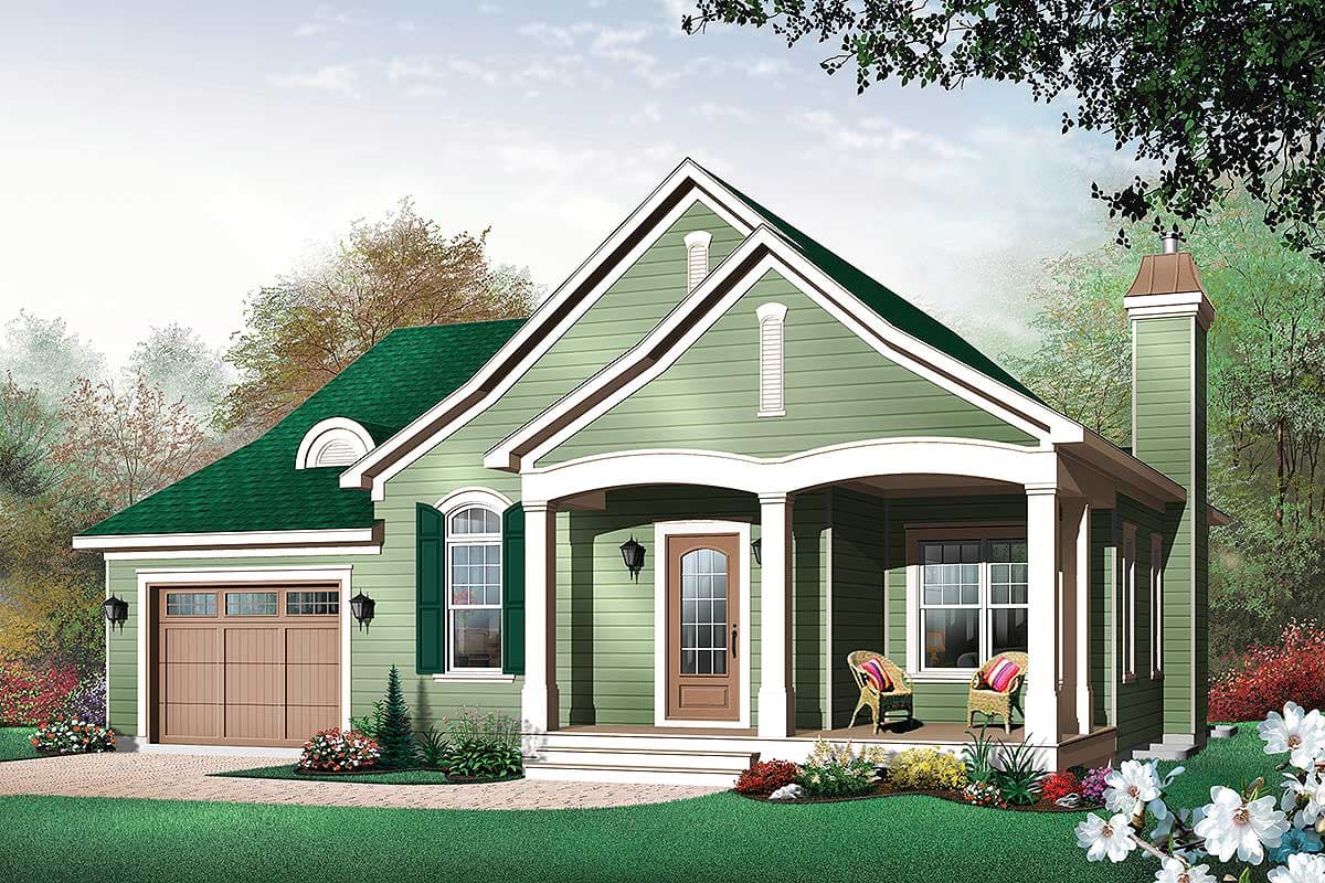 Cottage house plan exterior, one story, with a covered front porch, gabled dormers, and attached garage.