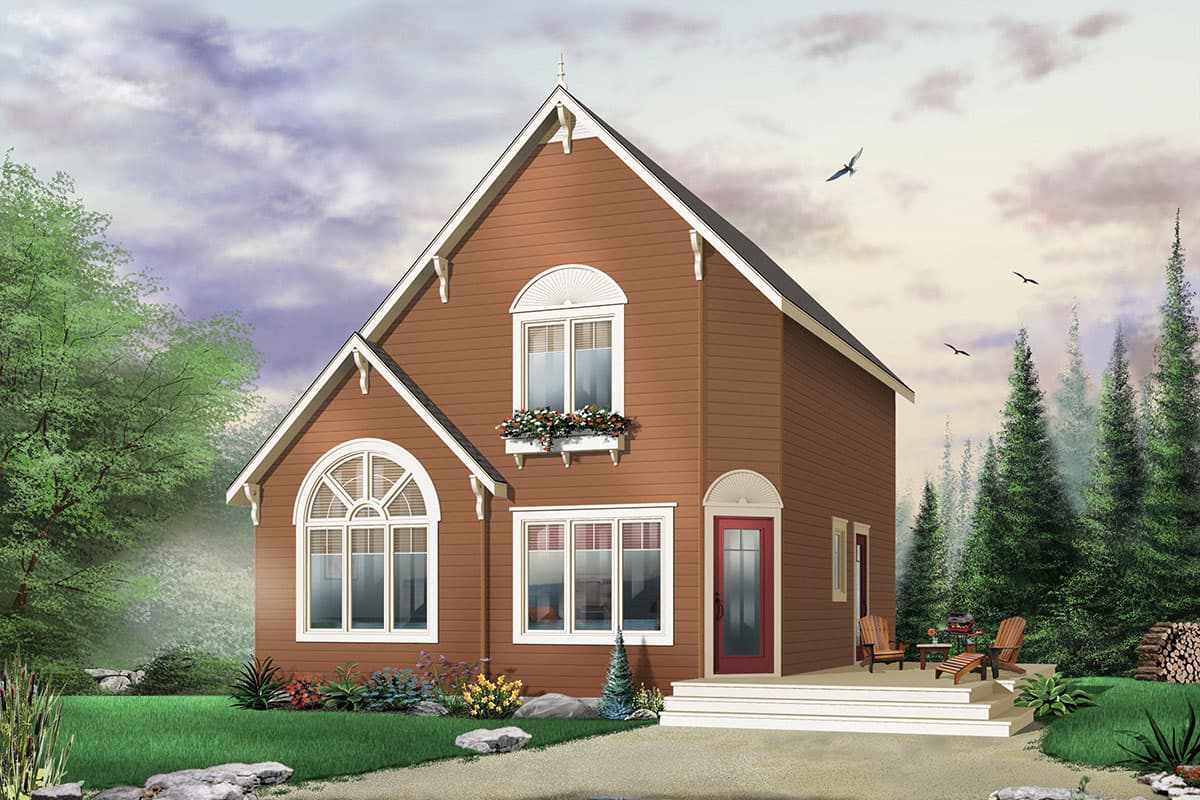 House plan exterior: two-story Modern Farmhouse with arched window, gables, and front porch.