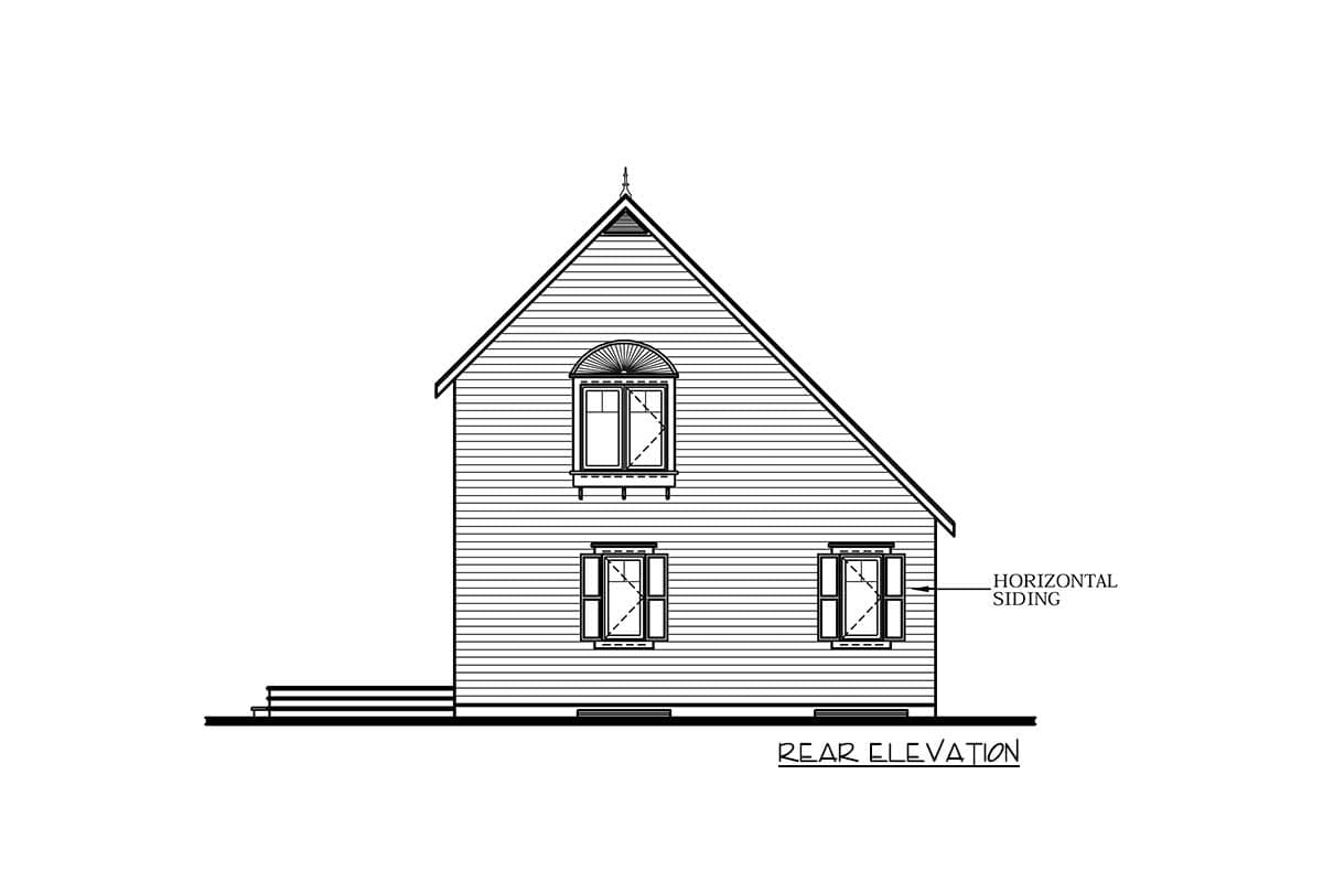 Rear elevation drawing of a two-story house plan with horizontal siding, a prominent gable, and arched top window.