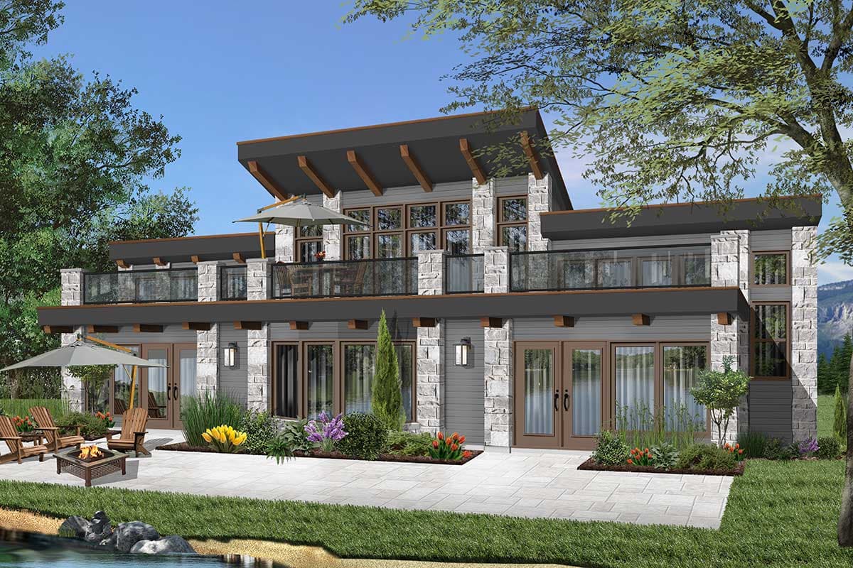 House plan exterior. Two-story Modern house with stone accents, flat roof, and upper-level balconies. Features large windows and exterior lighting.
