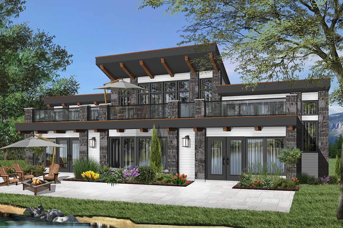 House plan exterior rendering of a modern, multi-level home with stone accents, balconies, and extensive glazing.