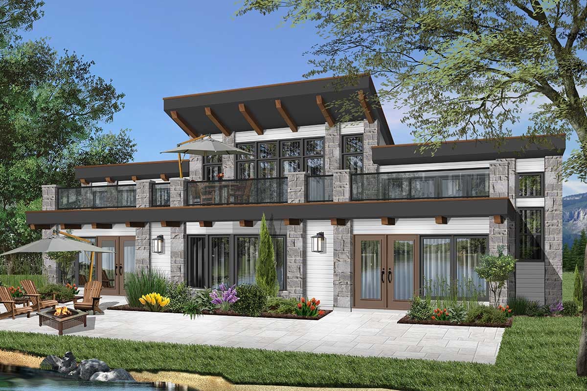 Modern house plan exterior with stone accents, multiple balconies, and cantilevered rooflines.
