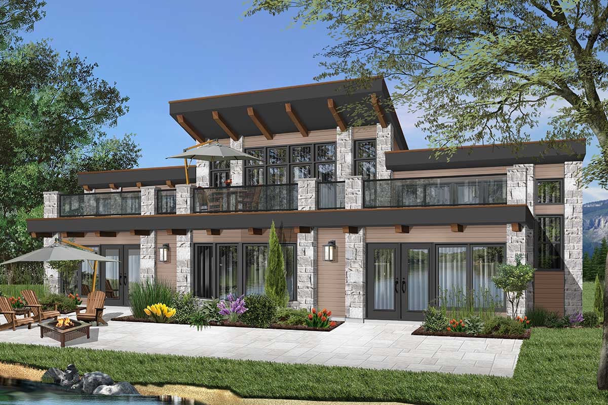 House plan exterior. Modern style with multiple balconies, stone accents, exposed wood beams, and a multi-level roofline.