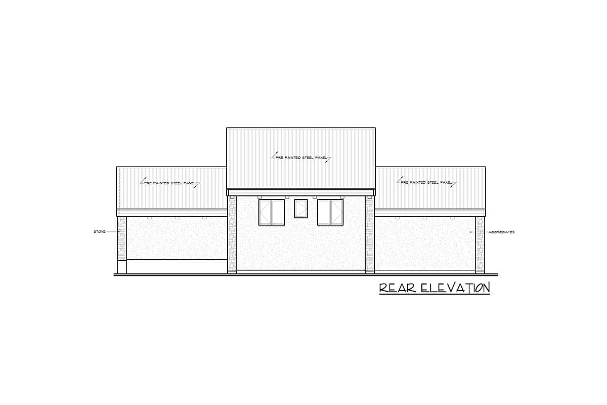Rear elevation of a house plan featuring pre-painted steel panels and stone accents.
