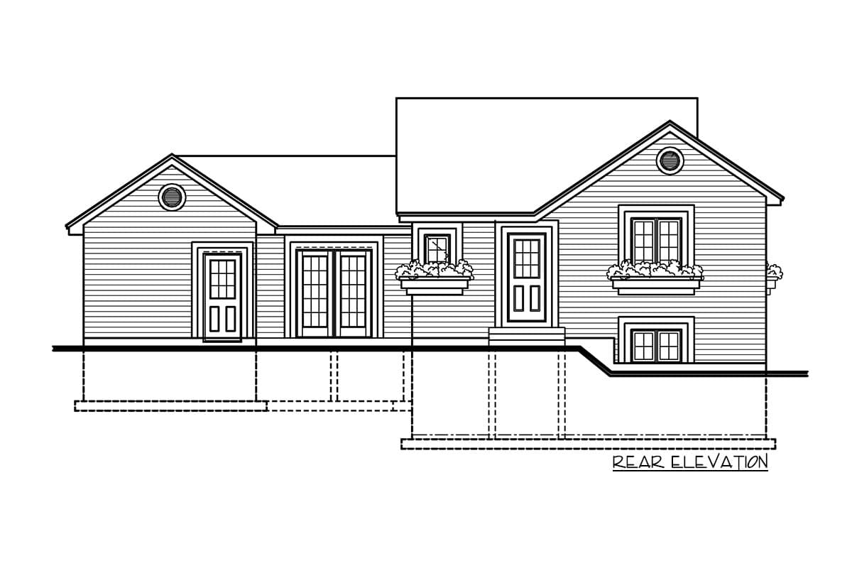 Rear elevation house plan with gabled roofs, multiple doors, window boxes, and foundation details.