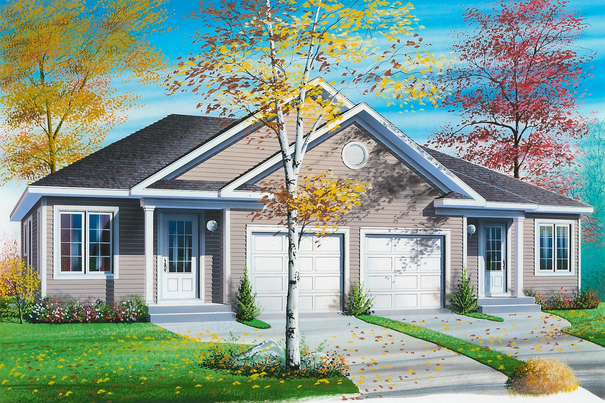 House plan exterior: One-story duplex with a dual garage, symmetrical gable roofs, and prominent entry porches.