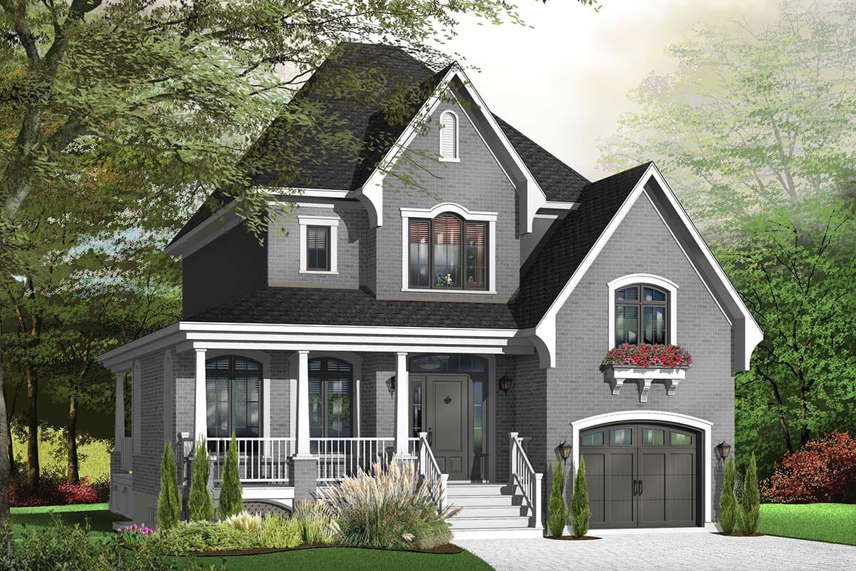 House plan exterior: Two-story brick home with a front porch, arched garage door, and prominent gables.