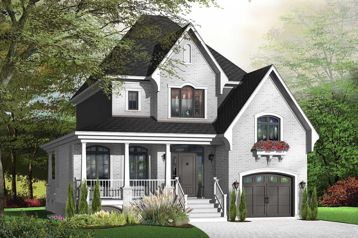 House plan exterior: Two-story home with white brick, gabled dormers, arched window, covered porch, and side-facing garage.