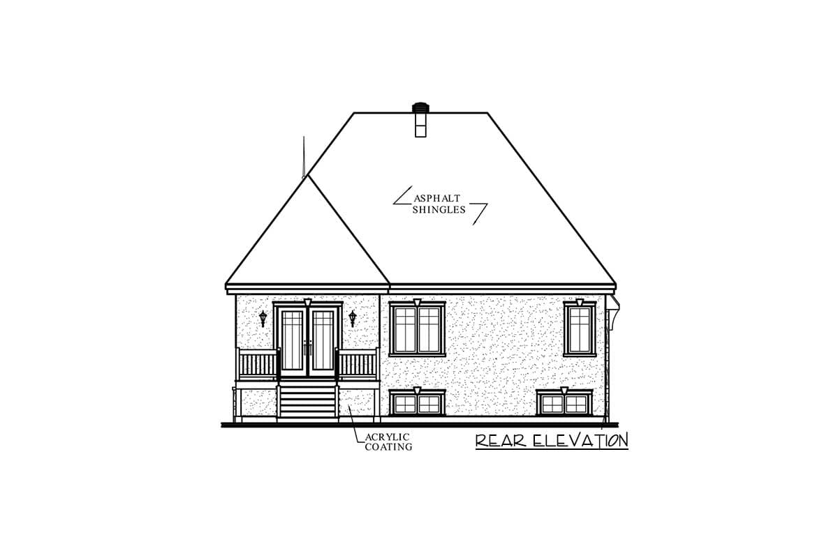 Rear elevation house plan with asphalt shingles, double doors, porch, and multiple windows.