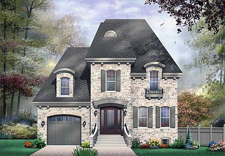 House plan exterior: two-story home with stone facade, dormers, arched garage, and prominent rooflines.