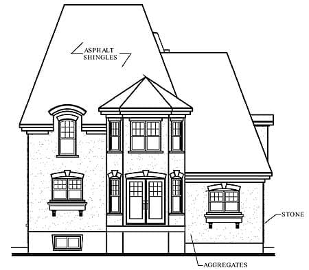 Front elevation drawing of a two-story house with a mansard roof, double doors, arched dormers, and stone facade.