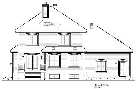Architectural drawing of a two-story house plan exterior, featuring a gable roof, dormers, double doors, chimney, and horizontal siding.