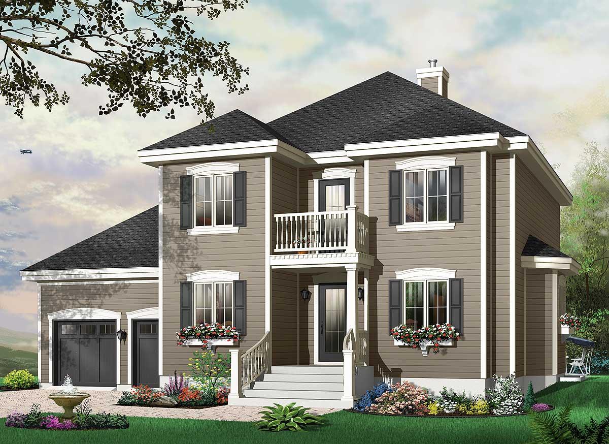 House plan exterior: two-story home with gabled roof, attached garage, and upper-level balcony.
