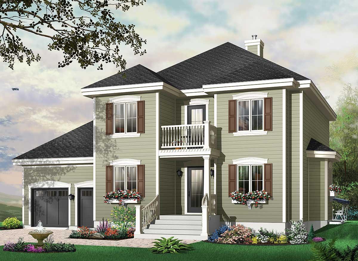 House plan exterior: Two-story home with side-entry garage, covered porch, and second-story balcony.