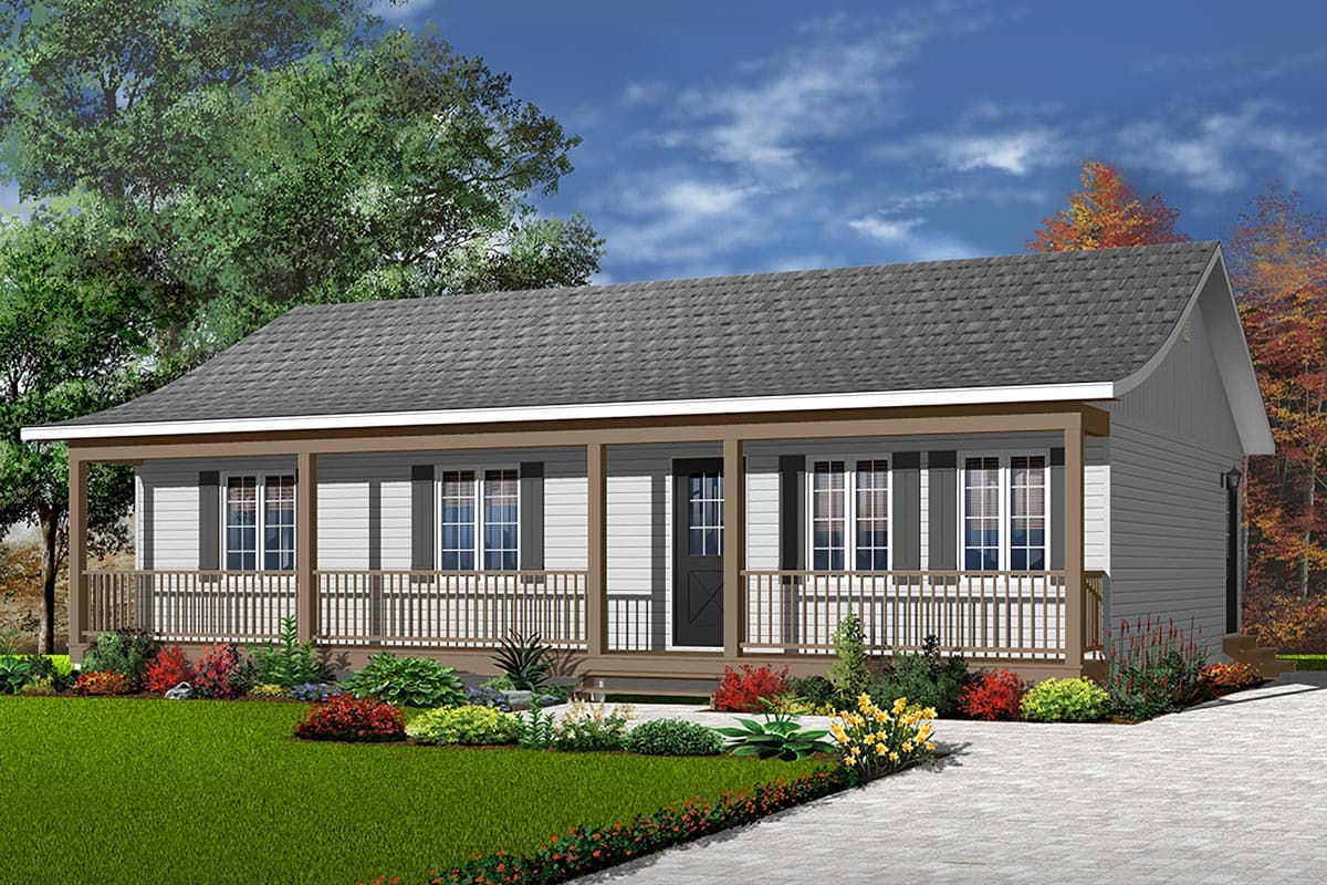 Ranch house plan exterior with a wrap-around porch, gabled roof, and multiple windows.