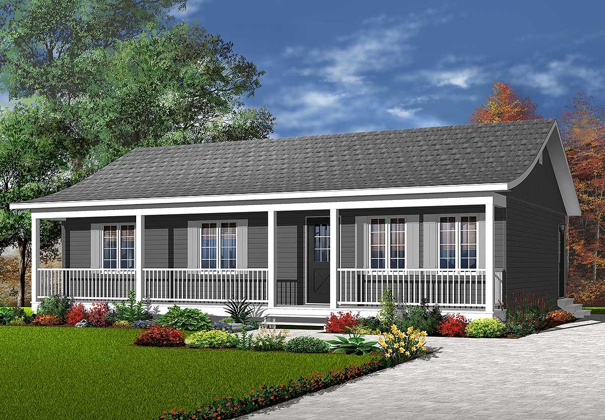 House plan exterior of a one-story home with a full-width covered porch, visible windows, and a dark gray exterior.