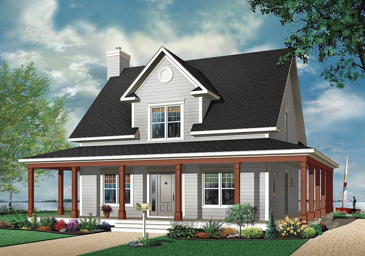 House plan exterior: two-story, gabled dormer, wrap-around porch with square columns, and prominent chimney.