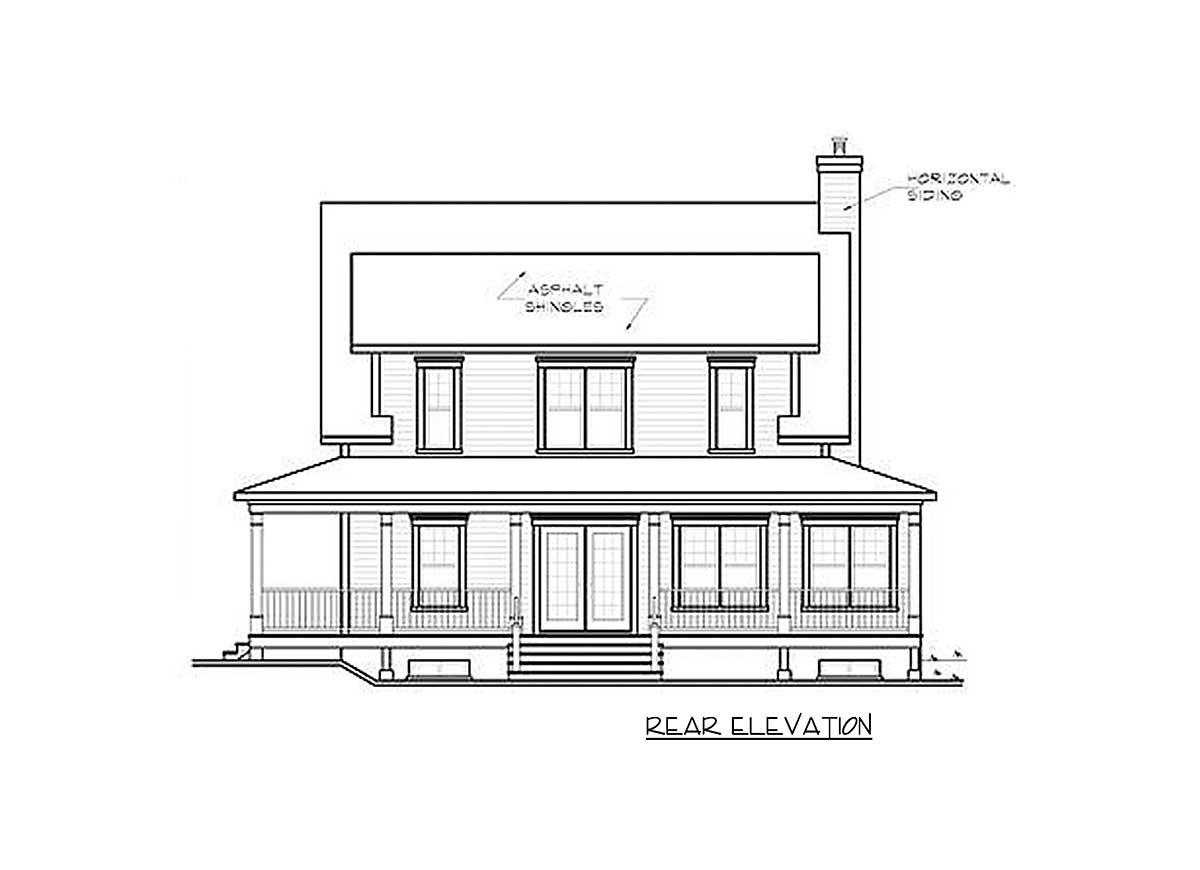 Rear elevation of a two-story house plan with a wraparound porch, central double doors, dormer, and chimney.